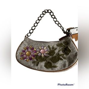 Guess Tweed & Gunmetal Chain Strap Moon Shape Bag Floral Leaves Green Purse